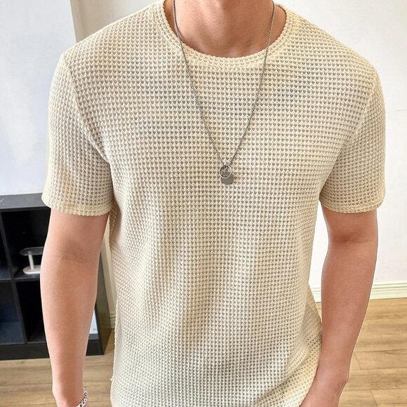 Beige Preppy Mens Solid Waffle Knit Tee - Picture 4 of 5